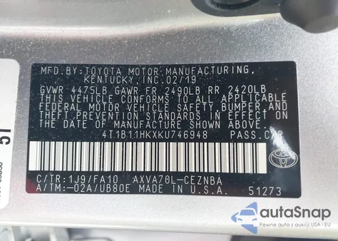 2019 Toyota Camry L/Le/Se/Xle from USA, damaged, VIN 4T1B11HKXKU746948